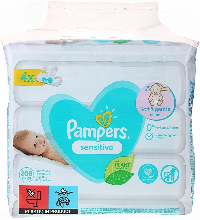 Baby Wet Wipes with Lid "Sensitive", 4x52 pcs - Pampers — photo N1