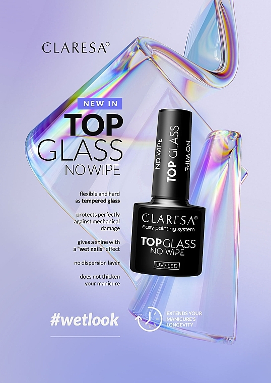 Universal Transparent Hybrid Top Coat for Extended & Natural Nails - Claresa Top Glass No Wipe — photo N3