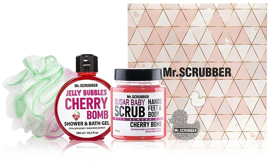 Set - Mr.Scrubber "Cherry Bomb" (body/scr/300 g + sh/gel/300 ml + sh/sponge) — photo N1