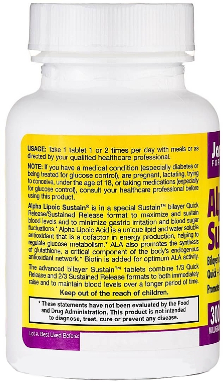 Dietary Supplement - Jarrow Formulas Alpha Lipoic Sustain with Biotin 300 mg — photo N3