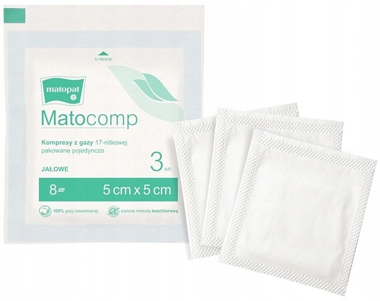 Sterile gauze compresses, 17 threads, 8 layers, 5x5 cm, 3 pcs., packed individually - Matopat Matocomp — photo N1