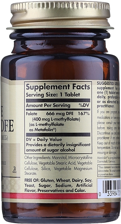 Dietary Supplement "Folic Acid" (Metafolin 400mcg) - Solgar Health & Beauty Folate 666 MCG DFE Metafolin — photo N3