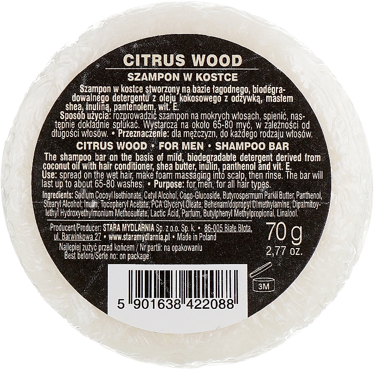 Men Solid Shampoo - Stara Mydlarnia Citrus Wood Shampoo Bar For Men (refill) — photo N2