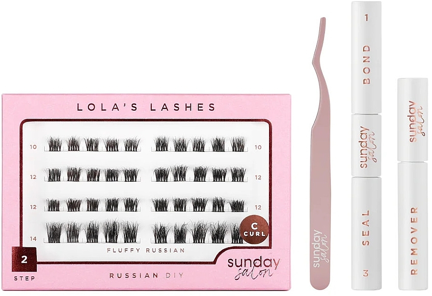 セット - Lola's Lashes Fluffy Russian Diy Lash Extensions Starter Set (bond/seal/2x3.5ml + remover/4ml + eyelashes/40pcs + applicator/1pcs) — photo N1