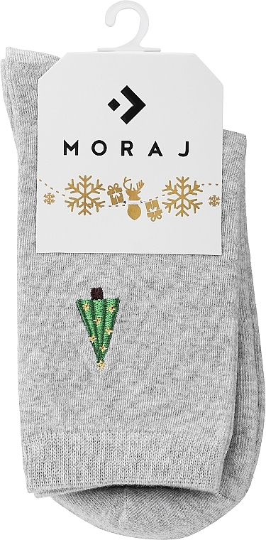 Women's High Socks with Christmas Embroidery, grey with a Christmas tree - Moraj — photo N1