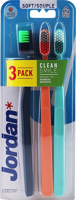 Soft Toothbrush, turquoise, orange, dark blue - Jordan Clean Smile Soft — photo N1