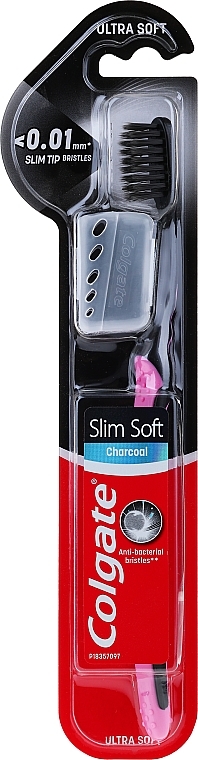 Slim Soft Charcoal Toothbrush, black-pink with cap - Colgate Toothbrush — photo N1