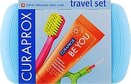 Fragrances, Perfumes, Cosmetics Hygienic Travel Set, blue - Curaprox Be You (tbr/1szt + paste/10ml + 2xbrush/1szt + acc + bag)