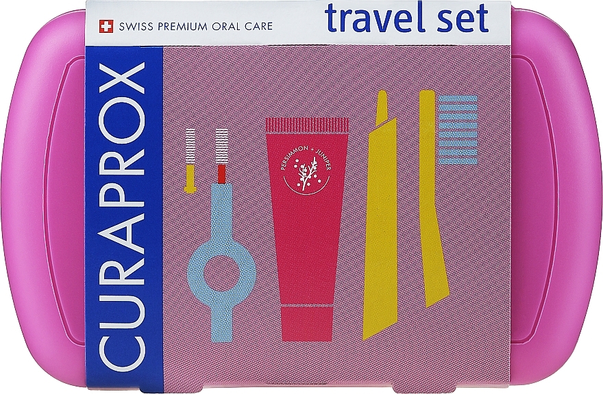 Oral Hygiene Travel Kit, pink - Curaprox Be You (tbr/1szt + paste/10ml + 2xbrush/1szt + acc + bag) — photo N1