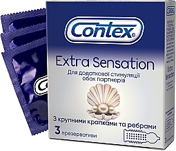 Ribbed Latex Condoms with Silicone Lubricant, 3 pcs - Contex Extra Sensation — photo N1