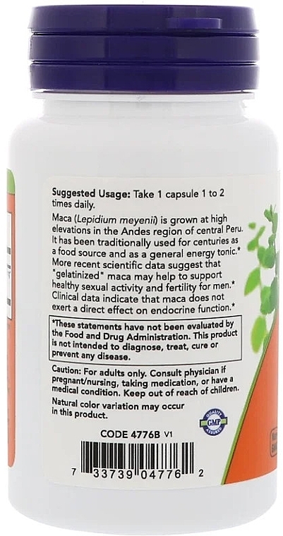 Dietary Supplement "Raw Maca", 750mg - Now Foods Raw Maca Veg Capsules — photo N3