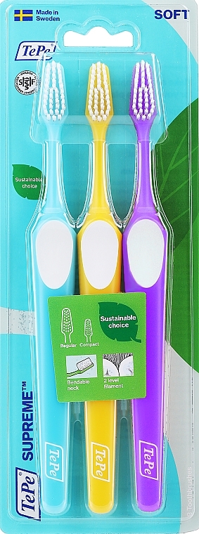 Toothbrush Set, blue + yellow + purple - Tepe Supreme Soft — photo N1