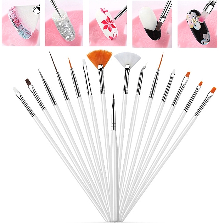 Nail Art Brush Set, 15 pcs, white - King Rose — photo N2