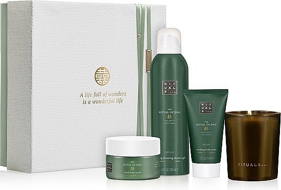 Set - Rituals The Ritual Of Jing Medium Relax Gift Set (sh/foam/200ml + b/scrub/125ml + b/cr/70ml + candle/1pc) — photo N1