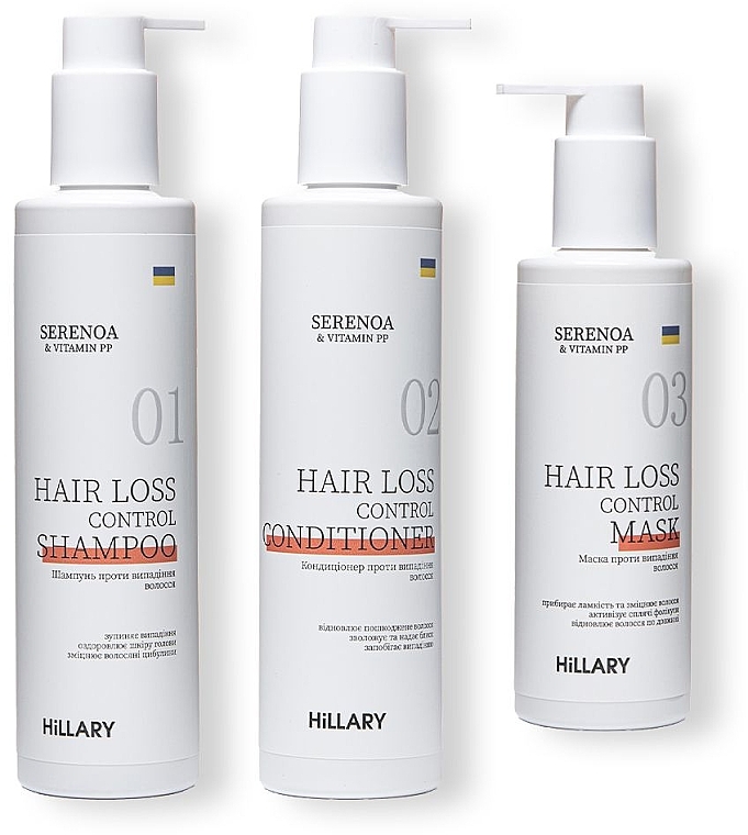 Set "Anti Hair Loss Complex" - Hillary Serenoa Vitamin PP Hair Loss Control (cond/250ml + shamp/250ml + h/mask/200m)  — photo N1