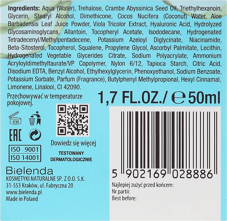 Coconut and Aloe Moisturising Cream for Combination and Oily Skin - Bielenda Hydra Care Moisturizing Face Cream Coconut and Aloe Vera — photo N3