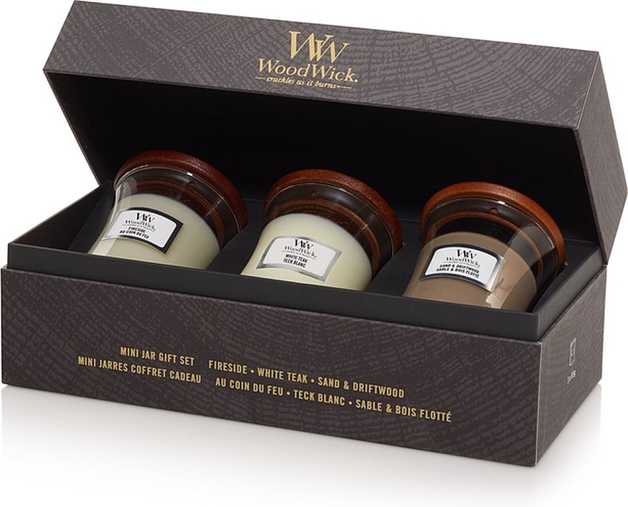 Set - WoodWick 3 Mini Jar Set Fireside x White Teak x Sand & Driftwood (candle/3x85g) — photo N2