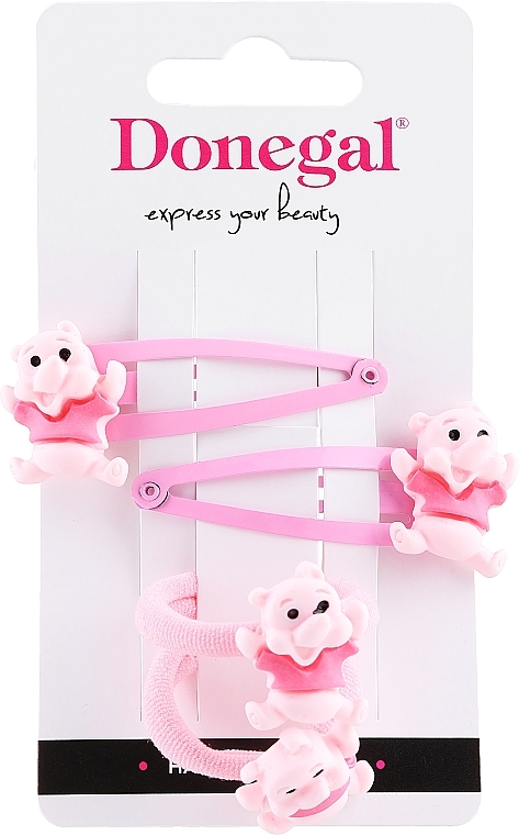 Donegal - Set of Hair Pins and Hair Ties, FA-5663+1, pink with teddy bears — photo N1