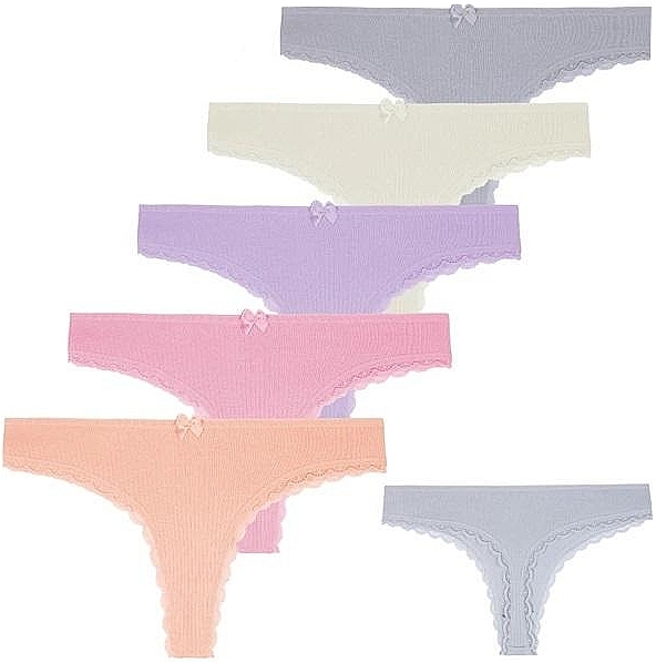 Women Striped Thong, 5 pairs, gray + light green + purple + pink + orange - Moraj — photo N4