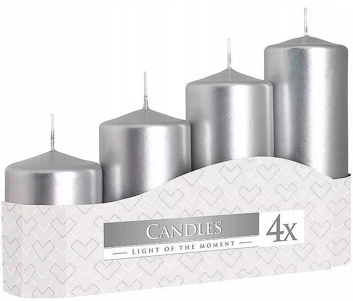 Cylindrical Candle Set, metallic silver, 4 pieces - Bispol — photo N1