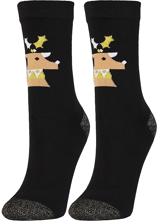 Women Socks with Christmas Reindeer Motif, CSLS250-018, black with reindeer - Moraj — photo N2