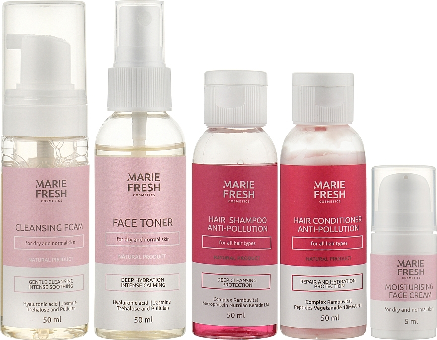 Facial Set for Dry & Normal Skin - Marie Fresh Cosmetics Travel Set For Every Day (f/foam/50ml + f/ton/50ml + h/shm/50ml + h/cond/50ml + f/cr/5ml) — photo N1