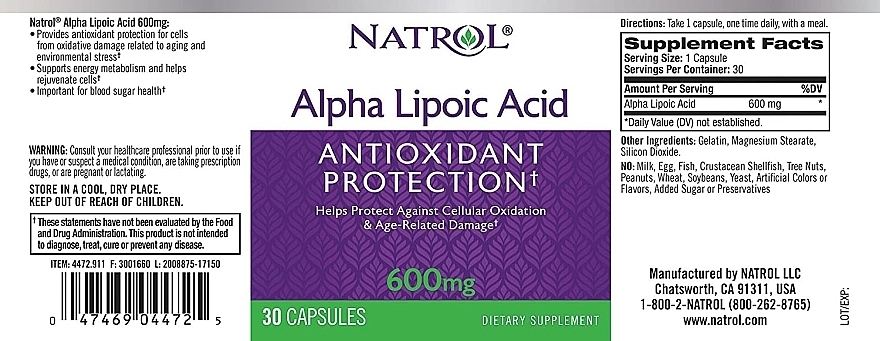 Alpha-Lipoic Acid, 600 mg - Natrol Alpha Lipoic Acid — photo N3