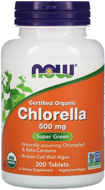 Chlorella Dietary Supplement, 500mg, 200 capsules - Now Foods Certified Organic Chlorella — photo N1