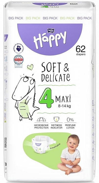 Baby Diapers 8-14 kg, size 4 Maxi, 62 pcs. - Bella Baby Happy Soft & Delicate — photo N1