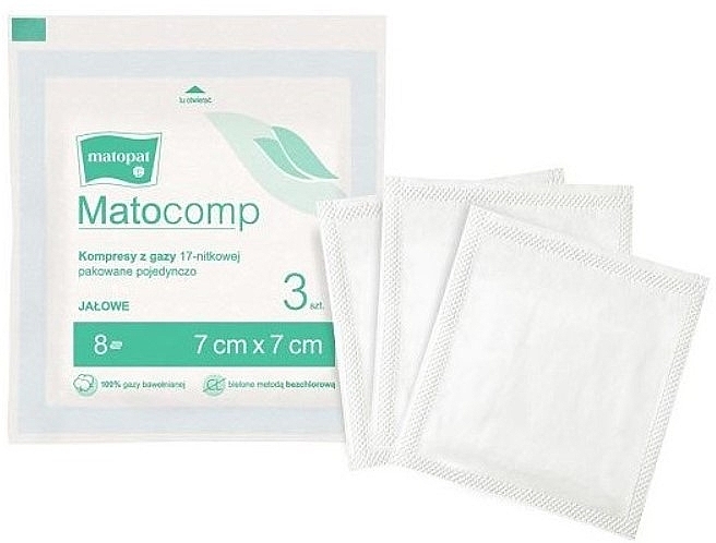 Sterile Gauze Compresses, 17 threads, 8 layers, 7x7 cm, 3 pcs., packed individually - Matopat Matocomp — photo N1