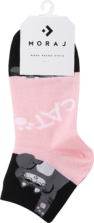 Women Short Cotton Socks, size 3/4, with kitten pattern, black and pink - Moraj — photo N1