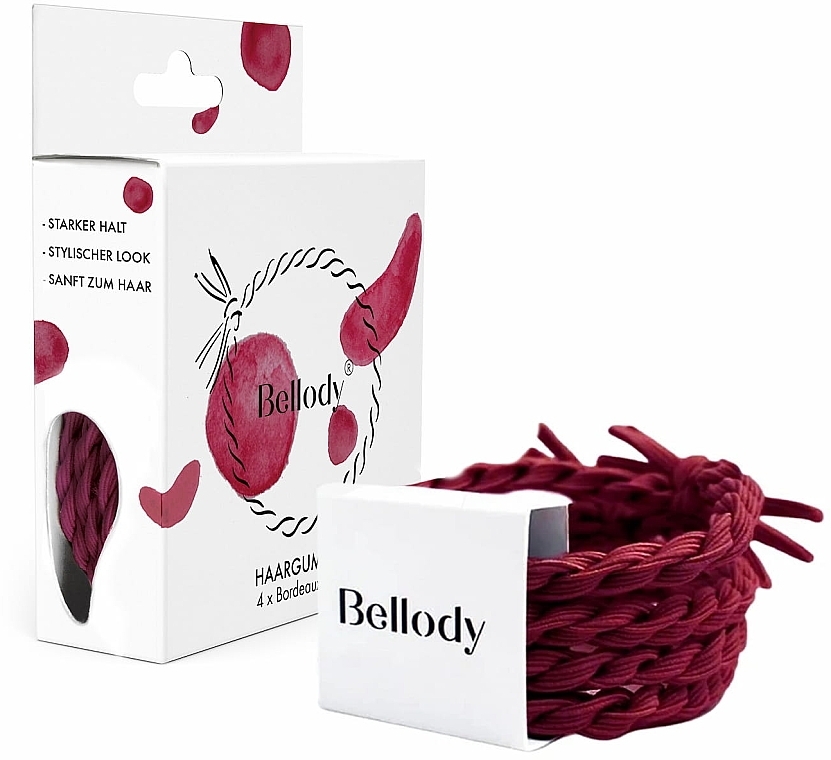 Elastic Hair Band, bordeaux red, 4 pcs - Bellody Original Hair Ties — photo N1
