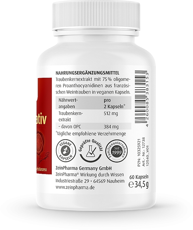 Grape Extract Food Supplement, 60 Caps - ZeinPharma OPC Native 192mg Capsules — photo N3