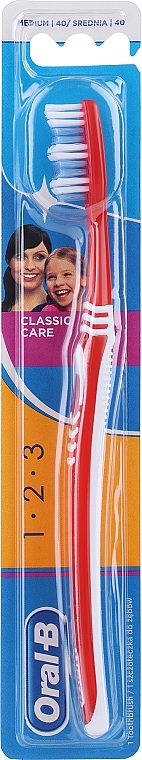 Toothbrush, medium hard, red - Oral-B 1 2 3 Classic Care Medium Toothbrush — photo N1