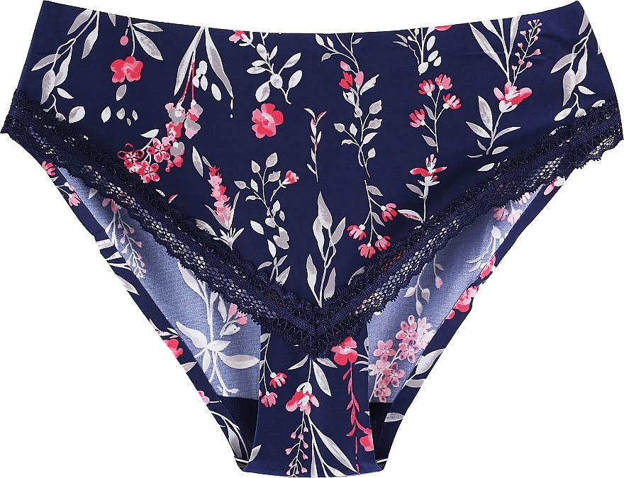 Women's Bikini Panties with Lace, laser cut, blue with flowers - Moraj — photo N1