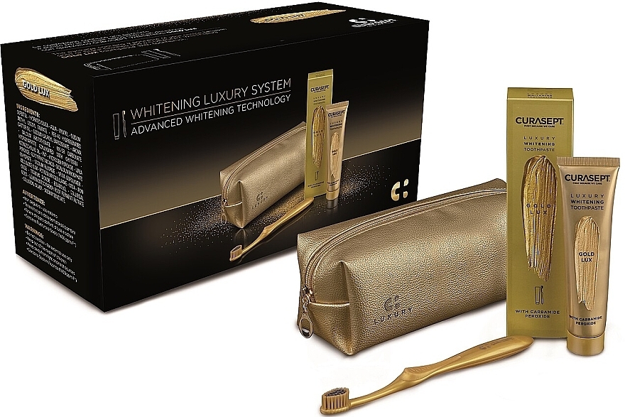 Set - Curaprox Curasept Luxury Kit Special Edition 2021 Gold (t/paste/75 ml + toothbrush/1 pcs + punch/1 pcs) — photo N1