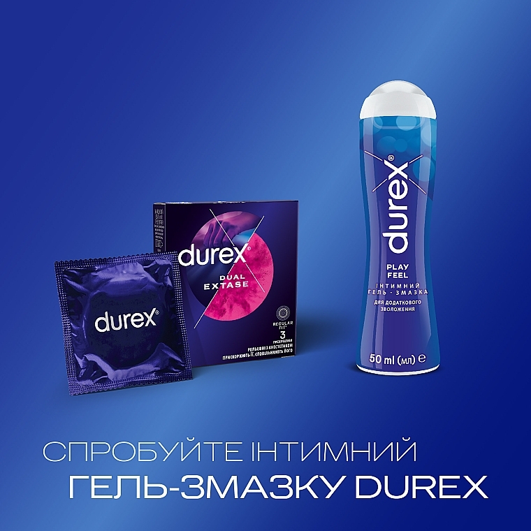 Latex Condoms with Silicone Lubricant, ribbed with anesthetic, 3 pcs - Durex Dual Extase — photo N5