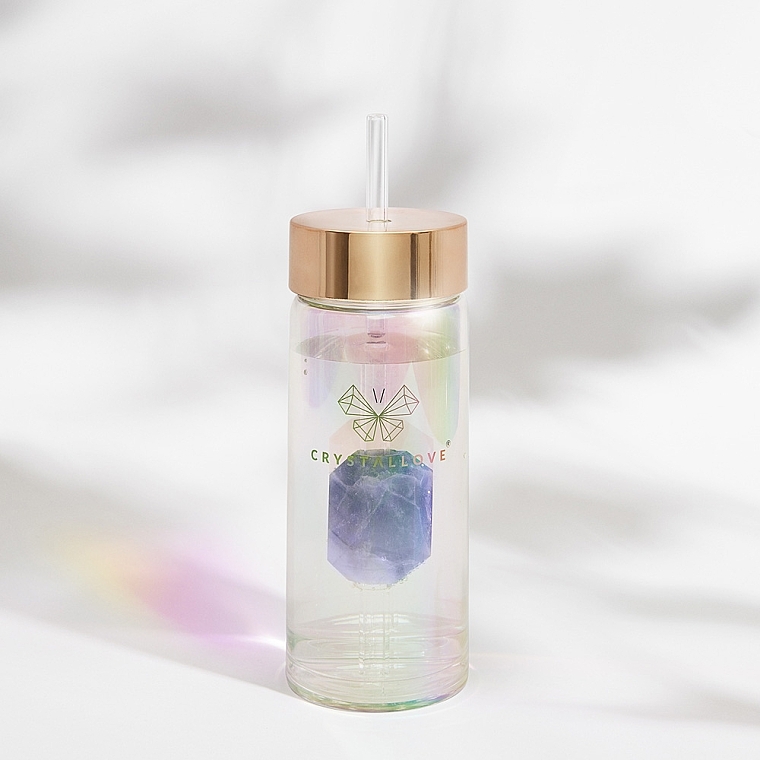 Glass Holographic Water Bottle with Amethyst & Tube, 400 ml - Crystallove Glass Hologram Water Bottle with Amethyst and Straw — photo N4