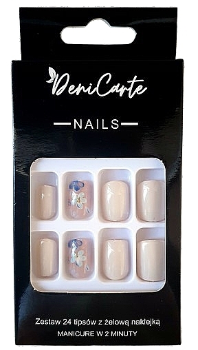 Square Nail Tips, blue flowers, 24 pcs. - Deni Carte Nails 7134 — photo N1