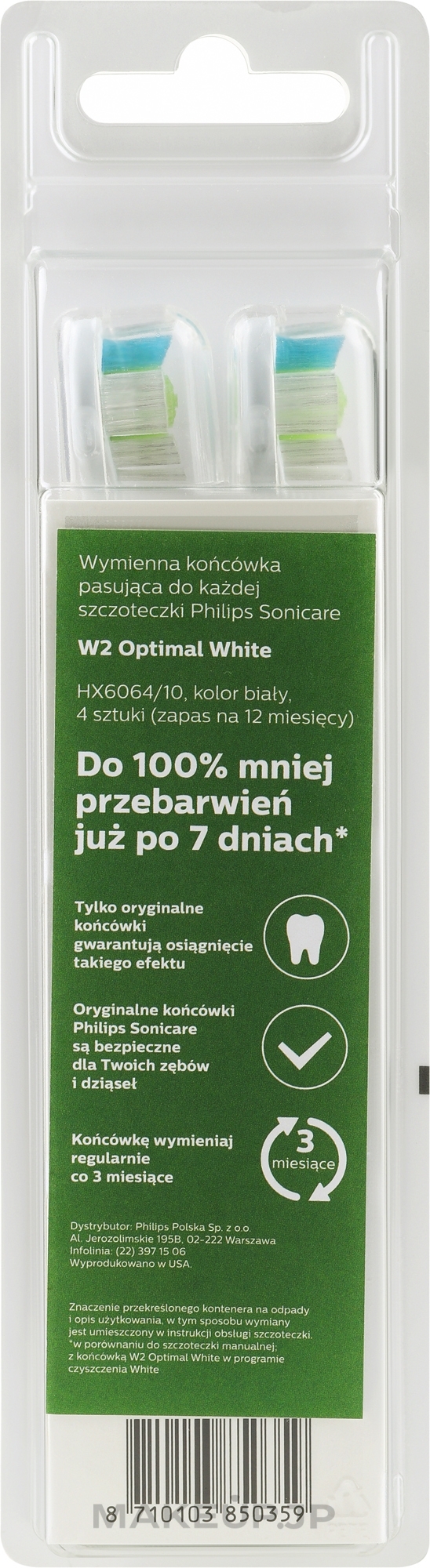 Standard Ultrasonic Toothbrush Heads, HX6064/10 - Philips Sonicare W Optimal White — photo 4 szt.