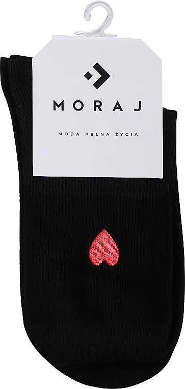 Women Long Socks, black with embroidery, red heart - Moraj — photo N1