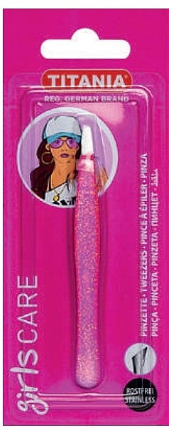 Slanted Tweezers, stainless steel, 9.2 cm, shiny pink, in blister - Titania — photo N1