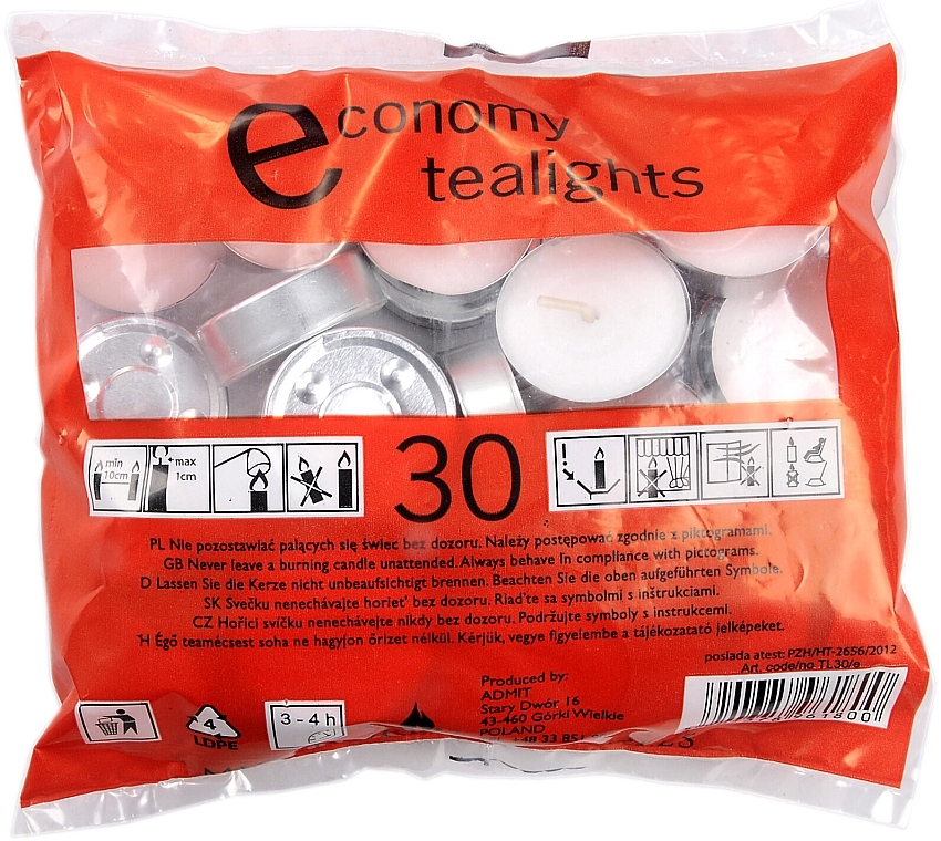 Unscented Tealights, 30 pcs - Admit Economy Tealights Candles — photo N1
