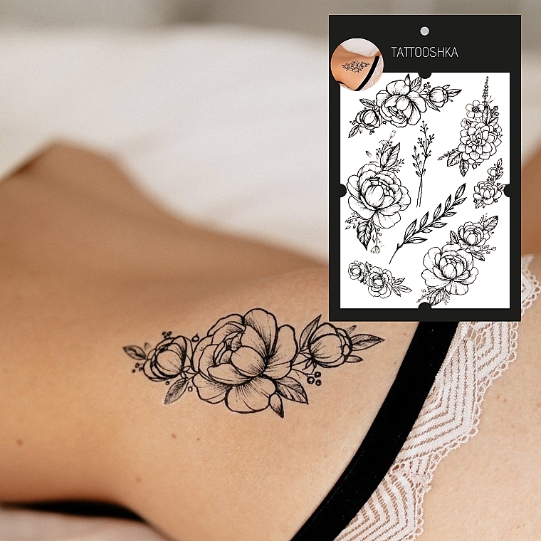 Temporary Tattoo "Peonies with Branches" - Tattooshka — photo N4