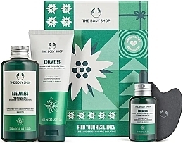 Fragrances, Perfumes, Cosmetics Set - The Body Shop Find Your Resilience Edelweiss Skincare Routine (ess/150ml + cl/gel/100ml + serum/30ml + stone/1pcs)