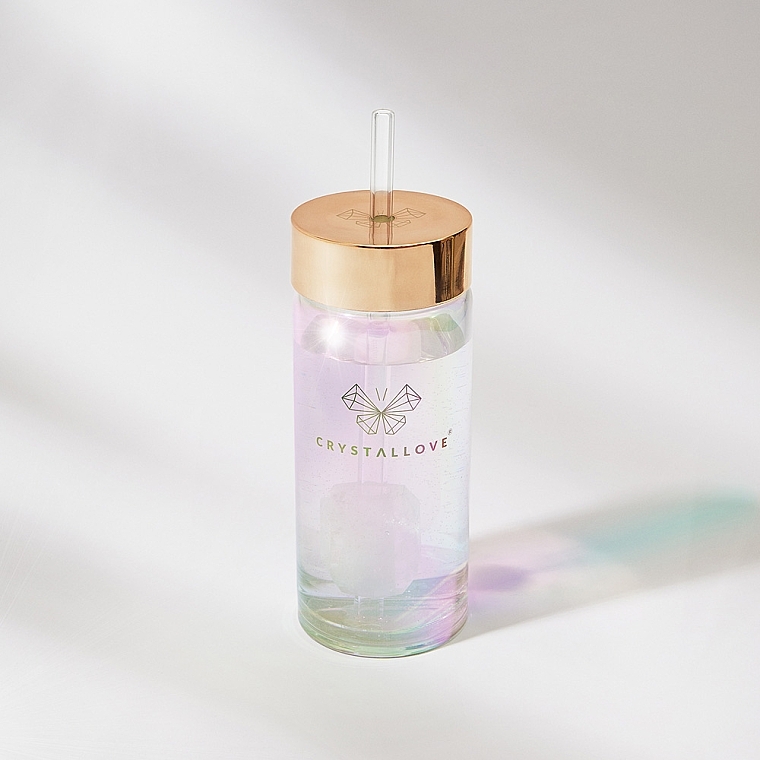 Glass Holographic Water Bottle with Rock Crystal & Tube, 400 ml - Crystallove Glass Hologram Water Bottle with Rock Crystal and Straw — photo N3