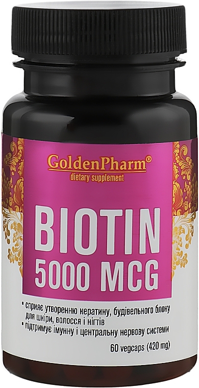 Biotin Dietary Supplement Capsules, 5000 mcg - Golden Pharm — photo N1