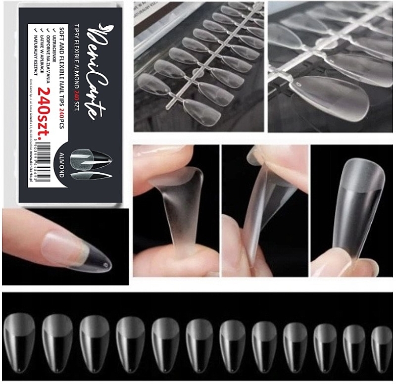 Colorless Flexible Nail Tips 'Almond', 240 pcs. - Deni Carte Almond — photo N1