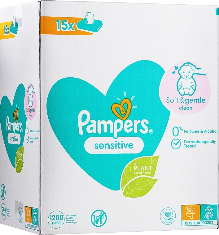 Baby Wet Wipes 15x80 pcs - Pampers Sensitive — photo N1