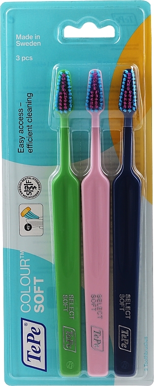 Toothbrush Set, 3 pcs, pale pink + green + dark blue - TePe Colour Soft — photo N1